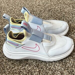 Nike Kids White Sneakers with Pink Swoosh and Blue Straps